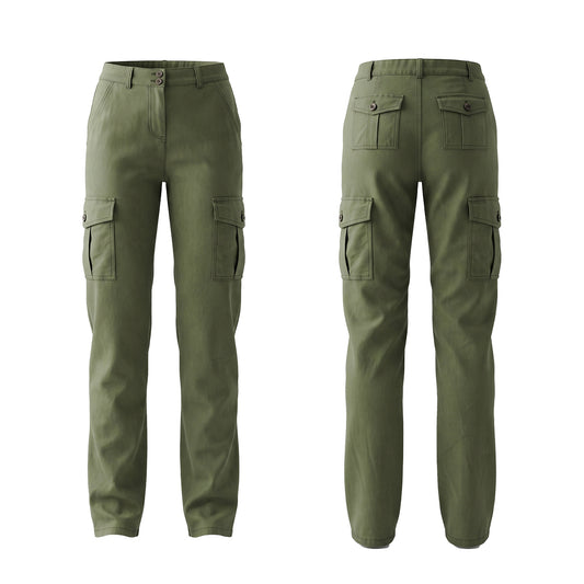Olive green cargo pants shown from both the front and back views on a plain white background.