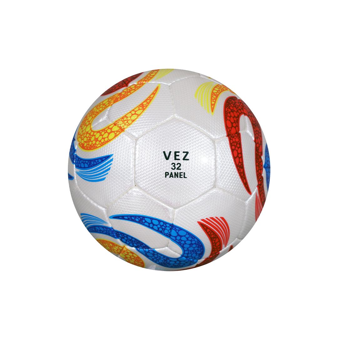 Colorful soccer ball with 'VEZ' branding on a white background