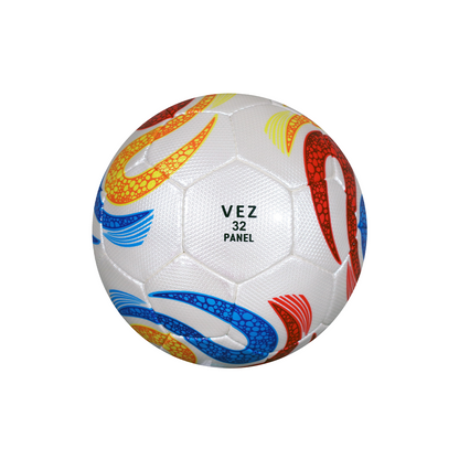Colorful soccer ball with 'VEZ' branding on a white background
