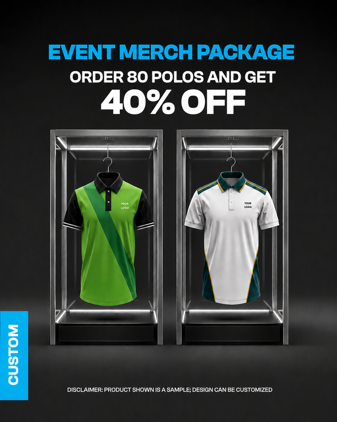 Two polo shirts in display cases with promotional text for an event merch package.