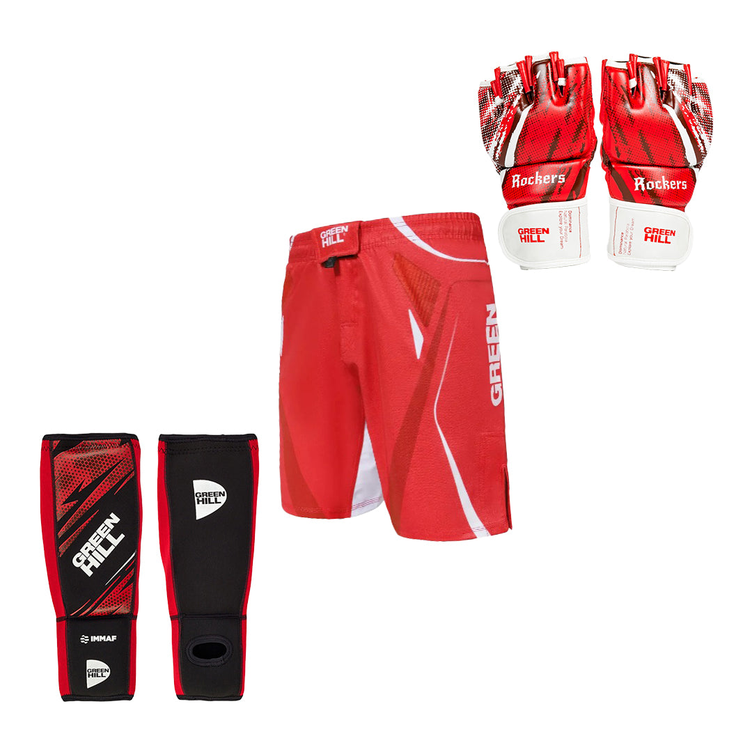 Boxing MMA Gloves ROCKERS + IMMAF Shin Instep Pads + MMA Shorts
