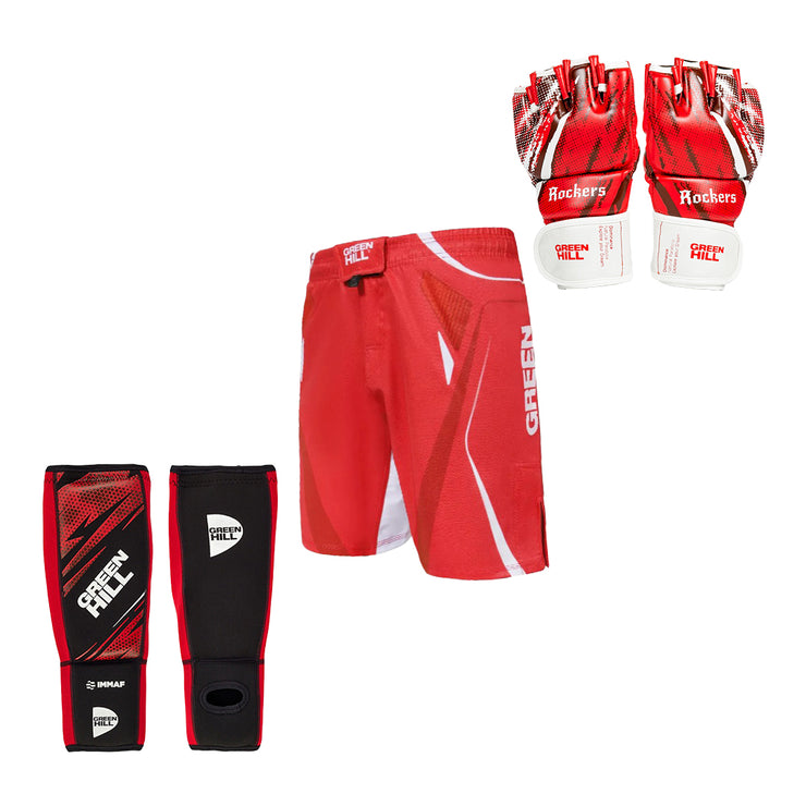 Boxing MMA Gloves ROCKERS + IMMAF Shin Instep Pads + MMA Shorts