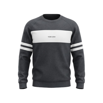 A dark gray crewneck sweatshirt with a wide white chest stripe, double white stripes on the sleeves, and 'YOUR LOGO' printed in black on the chest, shown on a plain white background.
