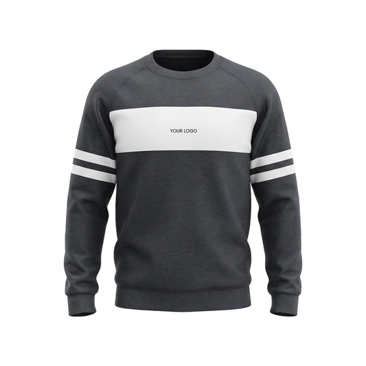 A dark gray crewneck sweatshirt with a wide white chest stripe, double white stripes on the sleeves, and 'YOUR LOGO' printed in black on the chest, shown on a plain white background.