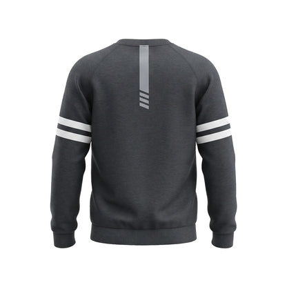 A dark gray heather crewneck sweatshirt shown from the back, featuring a vertical silver-gray stripe with three horizontal lines on the upper back and two white stripes on each sleeve.