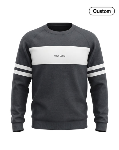 A dark gray crewneck sweatshirt with a wide white chest stripe, double white stripes on the sleeves, and 'YOUR LOGO' printed in the center. A 'Custom' badge is visible in the top right corner.