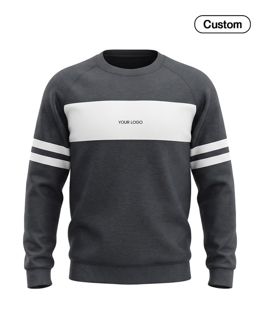 A dark gray crewneck sweatshirt with a wide white chest stripe, double white stripes on the sleeves, and 'YOUR LOGO' printed in the center. A 'Custom' badge is visible in the top right corner.